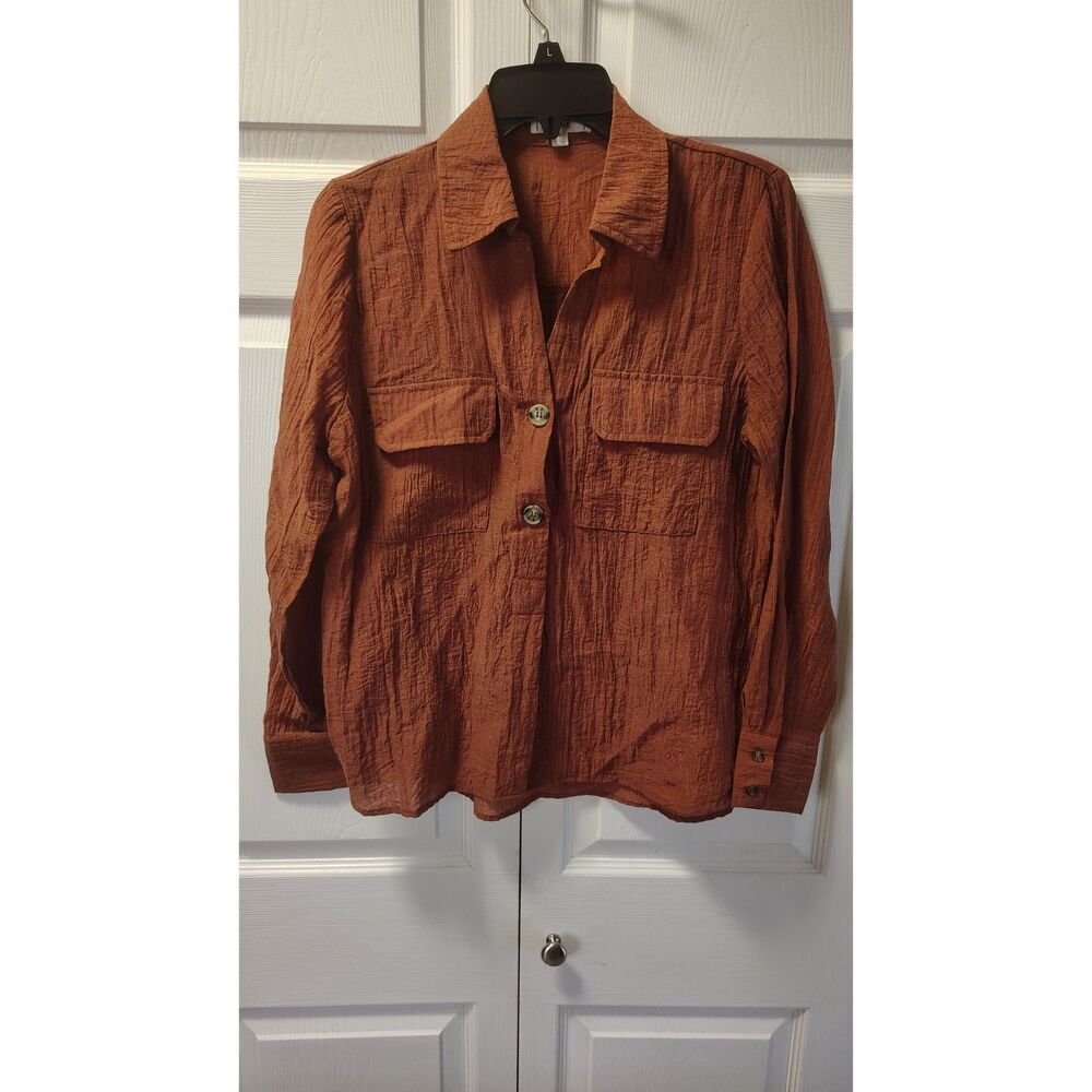 MINE Small Copper Crinkle Half Button-Up Long‎ Sleeve Top